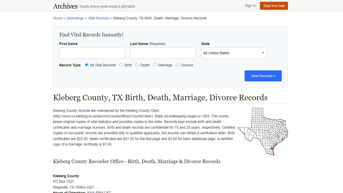 Kleberg County, TX Birth, Death, Marriage, Divorce Records
